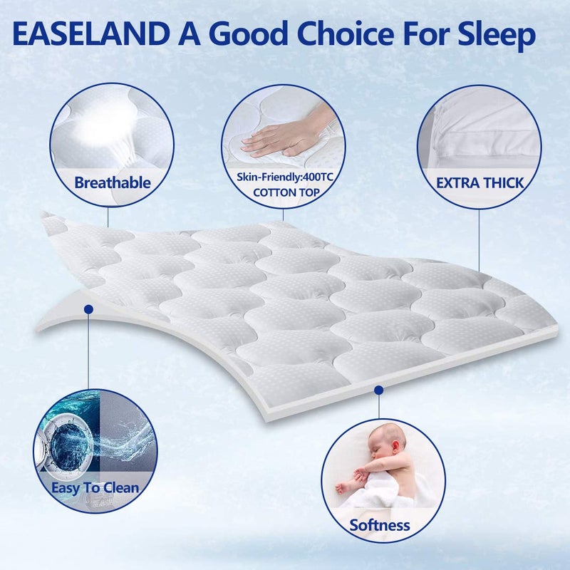 EASELAND إيسلاند توين إكس إل مرتبة توبير وسادة توب مرتبة غطاء مبطن واقي مرتبة قطن علوي 8-21" عمق جيب إضافي سميك مرتبة باد (39x80 بوصة، أبيض) - Image 2
